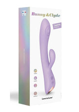 Bunny and Clyde Silicone Rabbit Vibrator Viva Mauve packaging design with tapping feature information.
