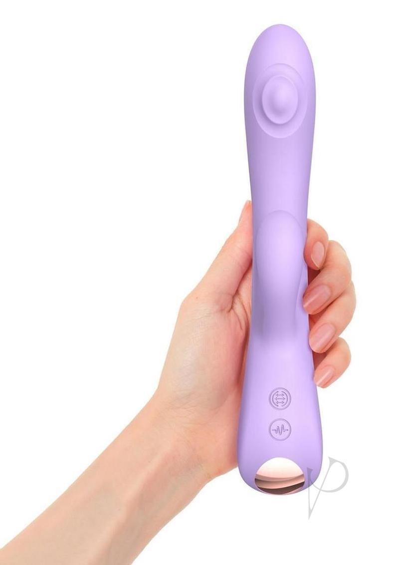 Bunny and Clyde Silicone Rabbit Vibrator Viva Mauve in hand showcasing its elegant design and functionality.