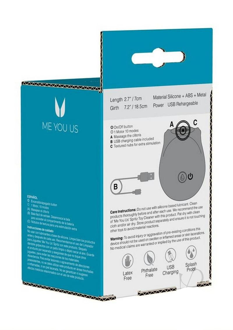Me You Us Rosebud Silicone Sucking Vibrator Pink packaging details and specifications.