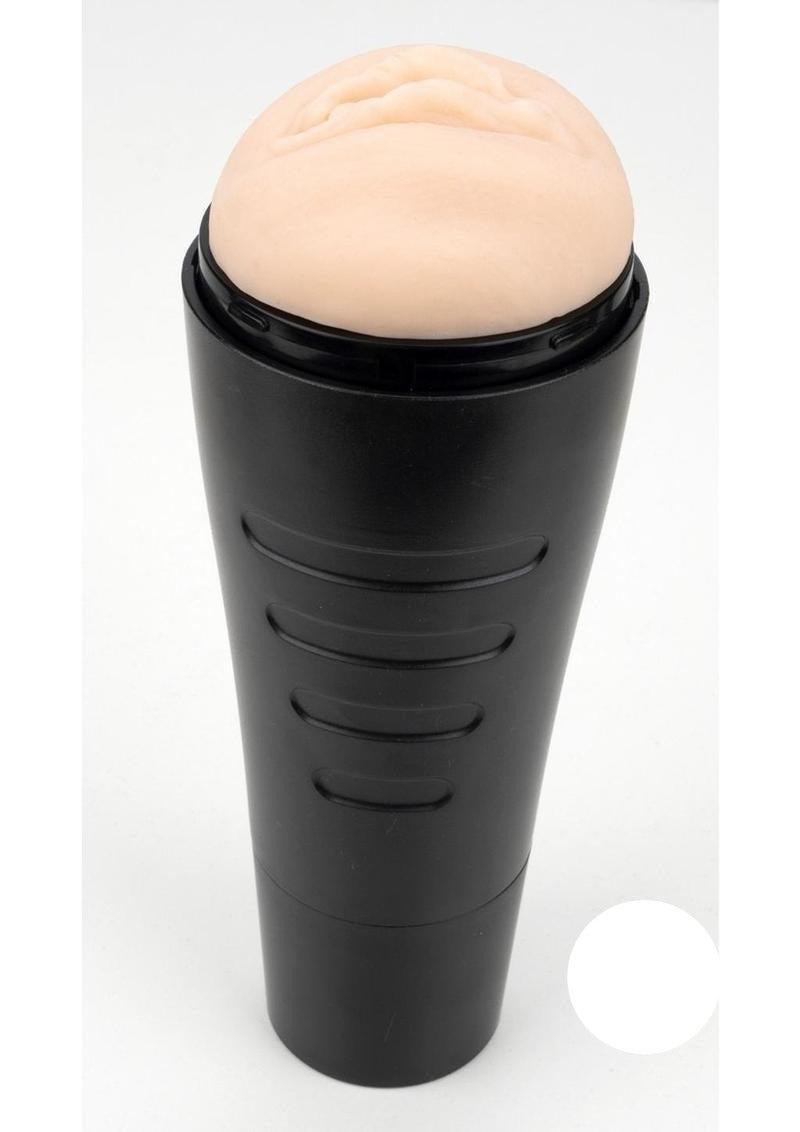 Star Stroker Nina Elle Pussy Stroker Hard Case Vanilla showing black hard case and realistic soft sleeve top.
