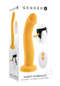 Gender X Sweet Embrace Dual Vibrating Strap-On Yellow with harness and remote, featuring textured curved design.