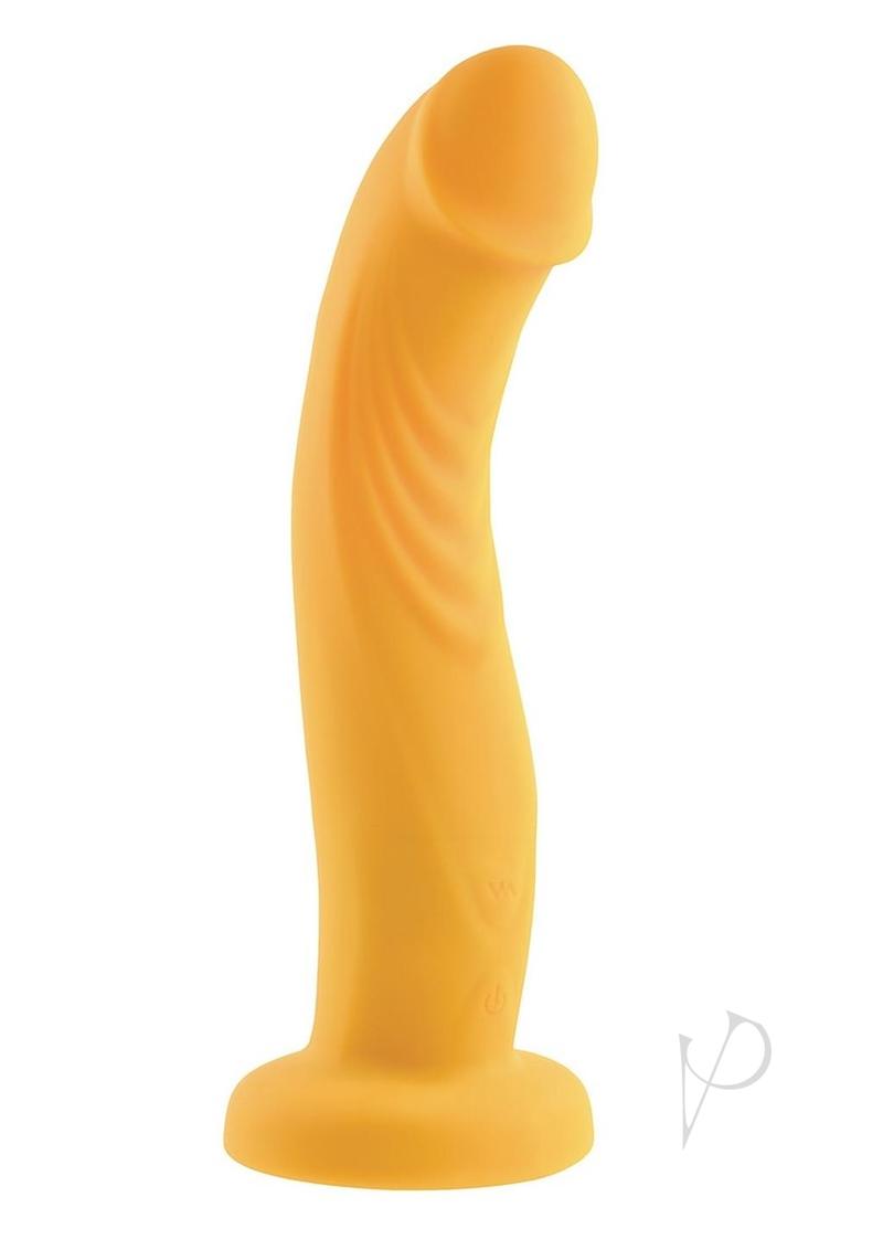 Gender X Sweet Embrace Dual Vibrating Strap-On Yellow, featuring a curved shaft and textured design for shared pleasure.