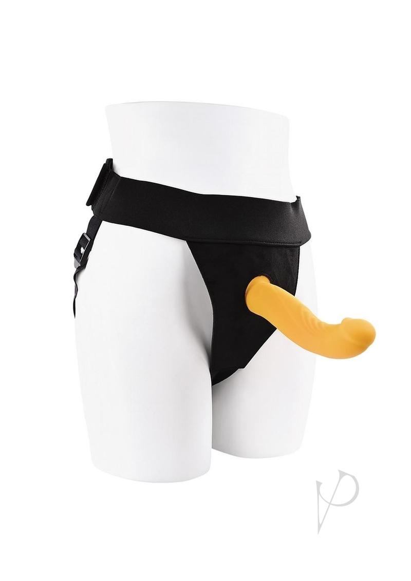 Gender X Sweet Embrace Dual Vibrating Strap-On Yellow in a black harness on a mannequin.