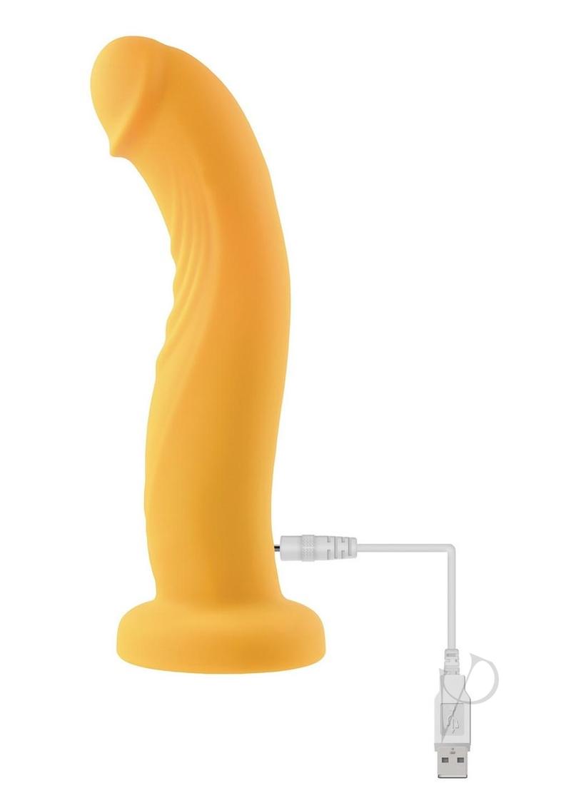 Gender X Sweet Embrace Dual Vibrating Strap-On Yellow with USB charging cable, textured design for enhanced pleasure.