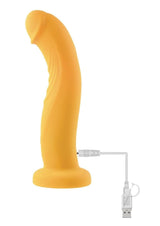 Gender X Sweet Embrace Dual Vibrating Strap-On Yellow with USB charging cable, textured design for enhanced pleasure.