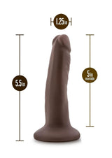Dr Skin Plus Posable Dildo 5 inches Brown shown with size dimensions of 5.5 inches tall and 1.25 inch width.