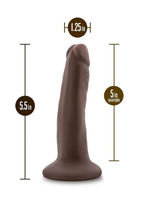 Dr Skin Plus Posable Dildo 5 inches Brown shown with size dimensions of 5.5 inches tall and 1.25 inch width.