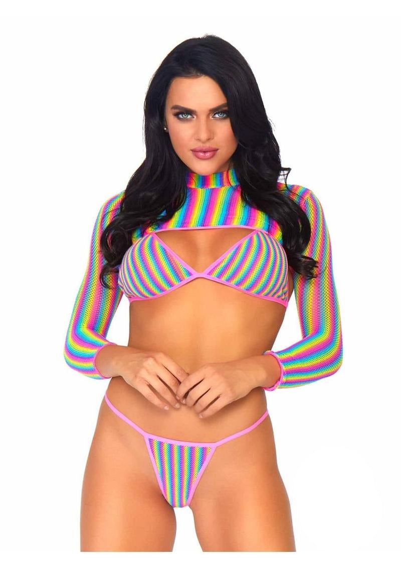 Leg Avenue Rainbow Fishnet 3 Piece Set One Size in vibrant multicolor fishnet style, perfect for festivals and celebrations.