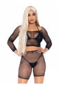 Leg Avenue Rhinestone Fishnet Long Sleeve Crop Top & Shorts Black worn by a model, showcasing sparkling rhinestone accents.