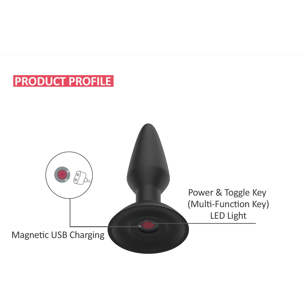 Magic Motion Equinox App Controlled Anal Vibrator showing product profile with magnetic USB charging and controls.