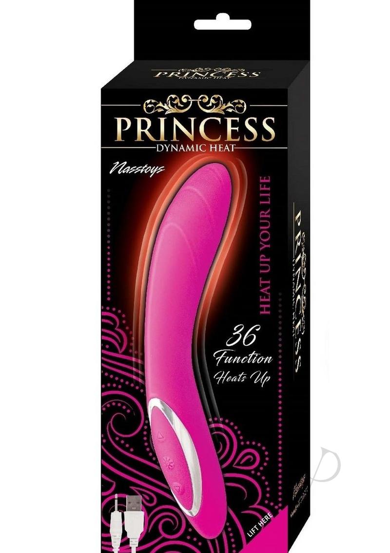 Princess Dynamic Heat Rechargeable Silicone Vibrator Pink packaging featuring 36 functions and heat feature.