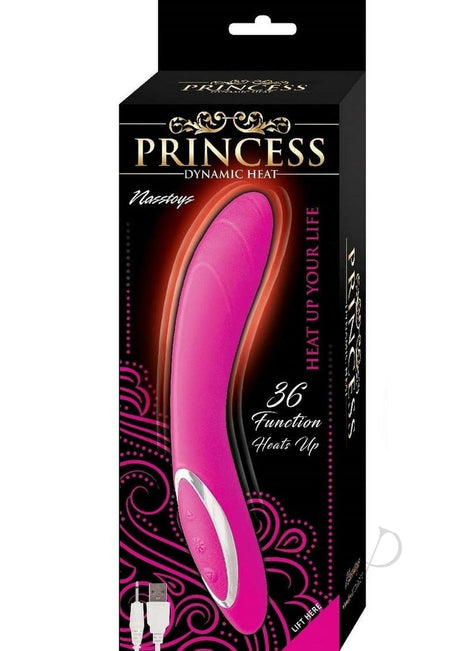Princess Dynamic Heat Rechargeable Silicone Vibrator Pink packaging featuring 36 functions and heat feature.