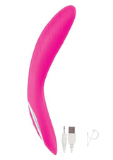 Princess Dynamic Heat Rechargeable Silicone Vibrator Pink with USB charging cable, designed for dual stimulation.