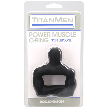 Titanmen Power Muscle Cock Ring 42mm Black packaging displaying the thick, sculpted design for enhanced performance.