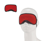 Lux Fetish Peek-A-Boo Love Mask Red Velvet Blindfold shown on a mannequin head with adjustable straps.