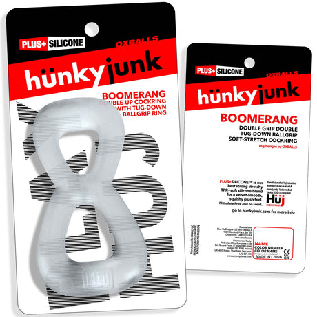 Oxballs Boomerang Double-Ring Cockring & Nut-Tugger Clear Steam packaged design featuring a soft rubbery multi-play cockring.