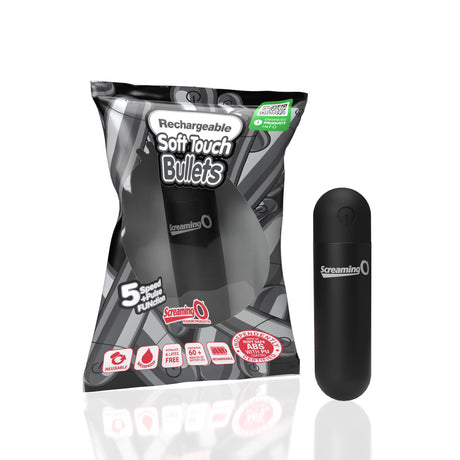 Screaming O Soft Touch Rechargeable Bullet Black packaging with product showcased, featuring five speeds and a smooth finish.