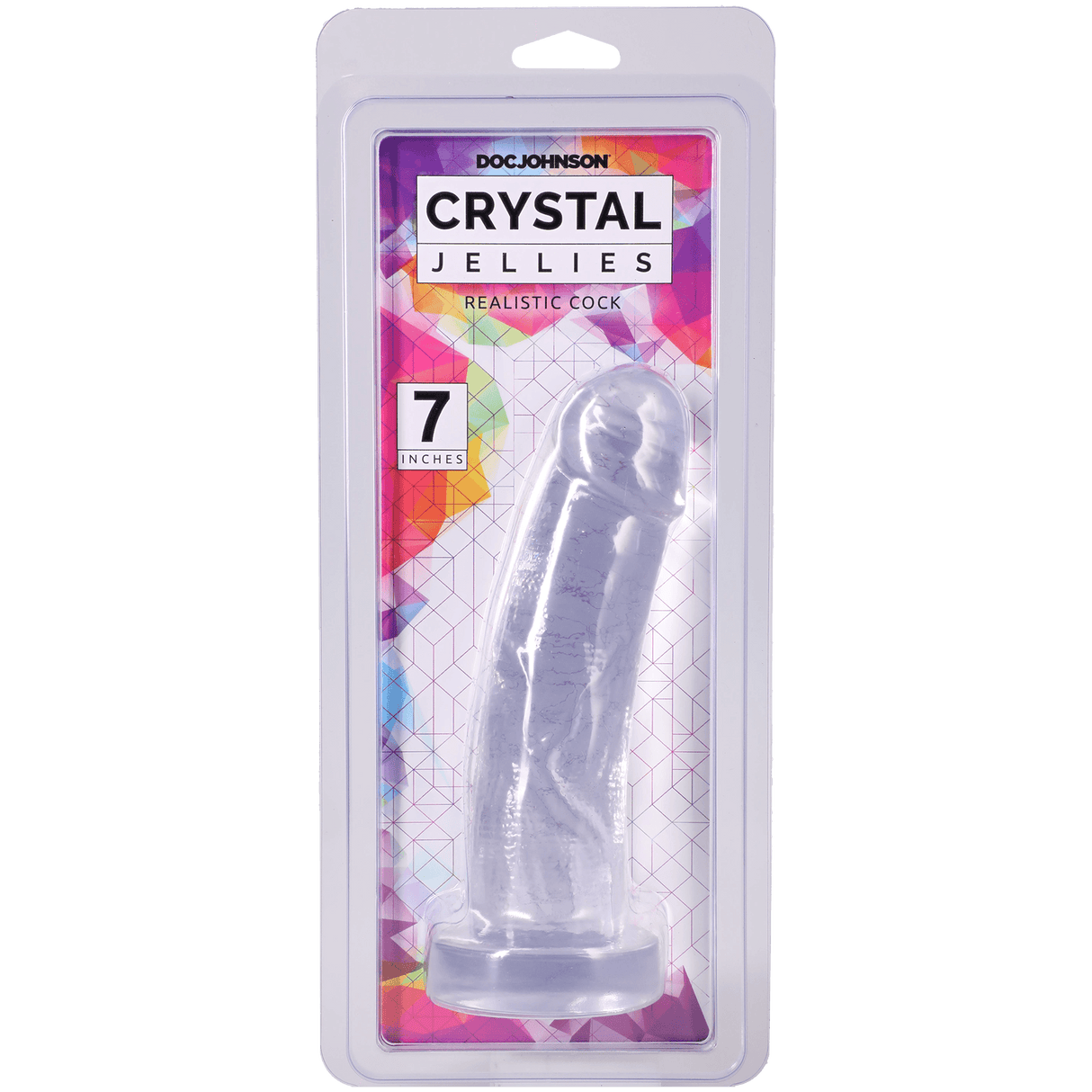 Crystal Jellies Realistic Cock 7 Inches Clear packaging featuring a transparent and textured design.