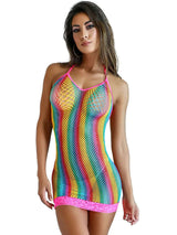 Be Savage Rainbow Mini Fishnet Dress OS featuring vibrant colors and a body-hugging silhouette, perfect for making a bold statement.