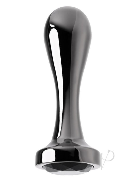 Gender X Black Pearl Aluminum Anal Plug Smoke with a sleek gunmetal finish and sparkling black gem base.