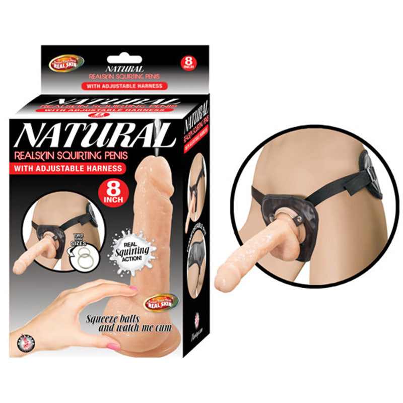 Natural Realskin Squirting Penis W/Adjustable Harness 8 inches Flesh