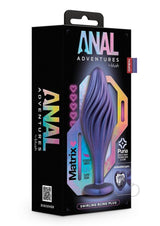 Anal Adventures Matrix Swirling Silicone Plug Sapphire Blue packaging with vibrant design and details.