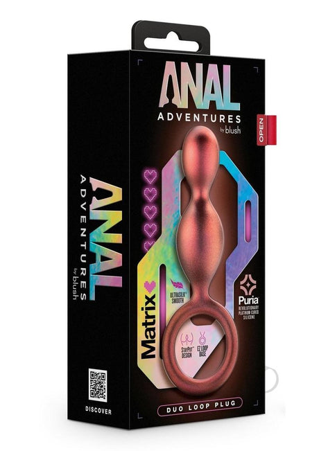 Anal Adventures Matrix Duo Loop Silicone Plug Copper packaging showcasing smooth silicone design and educational branding.