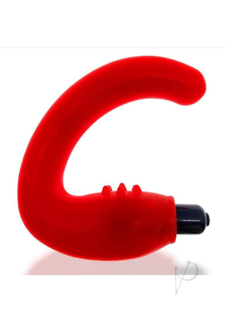 Hunkyjunk Hummer Vibrating Prostate Pegger Neon Pink in red, featuring a curved design and vibrating base.