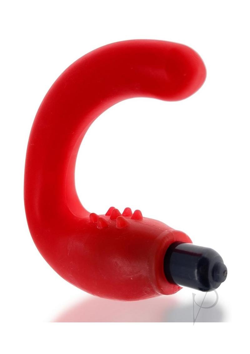 Hunkyjunk Hummer Vibrating Prostate Pegger Neon Pink in vibrant red with a curved shaft and nubbed base.