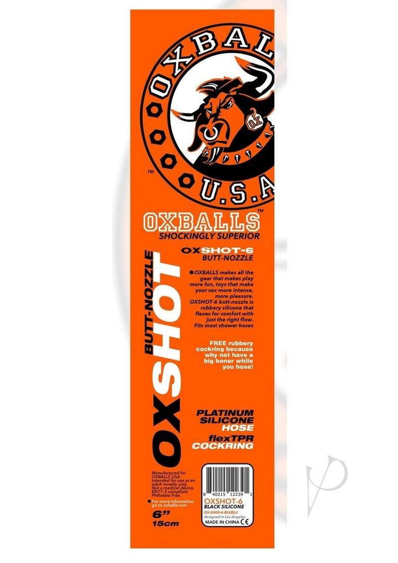 Oxballs Oxshot 6 Inch Silicone Butt Nozzle Cock Ring packaging with product details and branding.