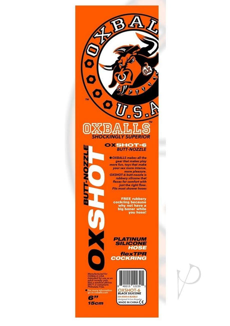 Oxballs Oxshot 6 Inch Silicone Butt Nozzle Cock Ring packaging with product details and branding.