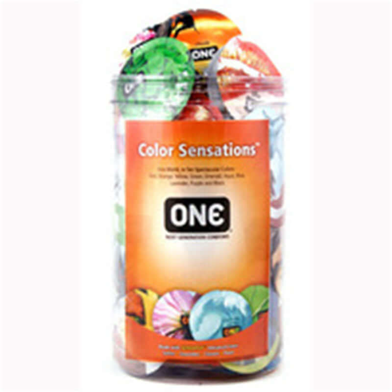 ONE Color Sensations Condoms Bowl 100 count featuring vibrant colors in a clear container.