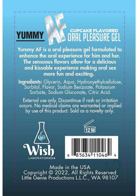 Yummy AF Oral Pleasure Flavored Gel 2.2 Oz Cupcake ingredient information and product features.