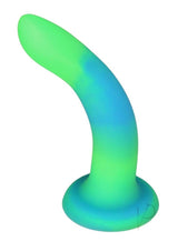 Addiction Rave Silicone Glow In The Dark Dildo 8 inch Blue Green in vibrant blue and green colors.