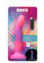 Addiction Rave Silicone Glow In The Dark Dildo 8 inch Pink Purple packaging featuring vibrant colors and bendable design.