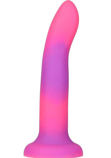Addiction Rave Silicone Glow In The Dark Dildo 8 inch Pink Purple, featuring vibrant colors and a sleek design.