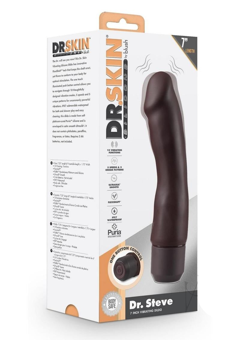 Dr Skin Silicone Dr Steve Vibrating Dildo 7 inch Dark product packaging showing features and design.