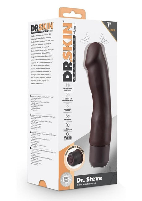 Dr Skin Silicone Dr Steve Vibrating Dildo 7 inch Dark product packaging showing features and design.