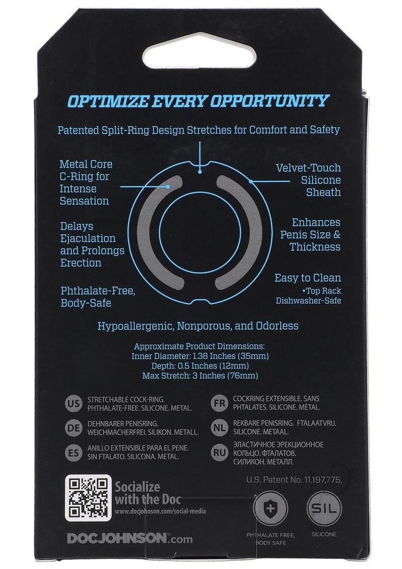 OptiMALE Flexisteel Soft Silicone Cock Ring 35mm Black packaging showcasing features and dimensions.