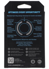 OptiMALE Flexisteel Soft Silicone Cock Ring 35mm Black packaging showcasing features and dimensions.