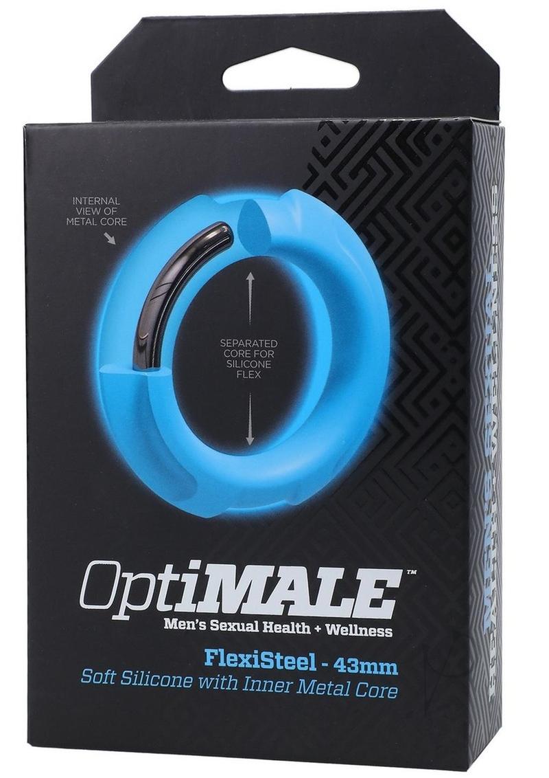 OptiMALE Flexisteel Silicone Metal Core Cock Ring 43mm Blue packaging with detailed metal core information.