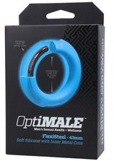 OptiMALE Flexisteel Silicone Metal Core Cock Ring 43mm Blue packaging with detailed metal core information.