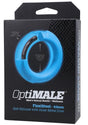 OptiMALE Flexisteel Silicone Metal Core Cock Ring 43mm Blue packaging with detailed metal core information.