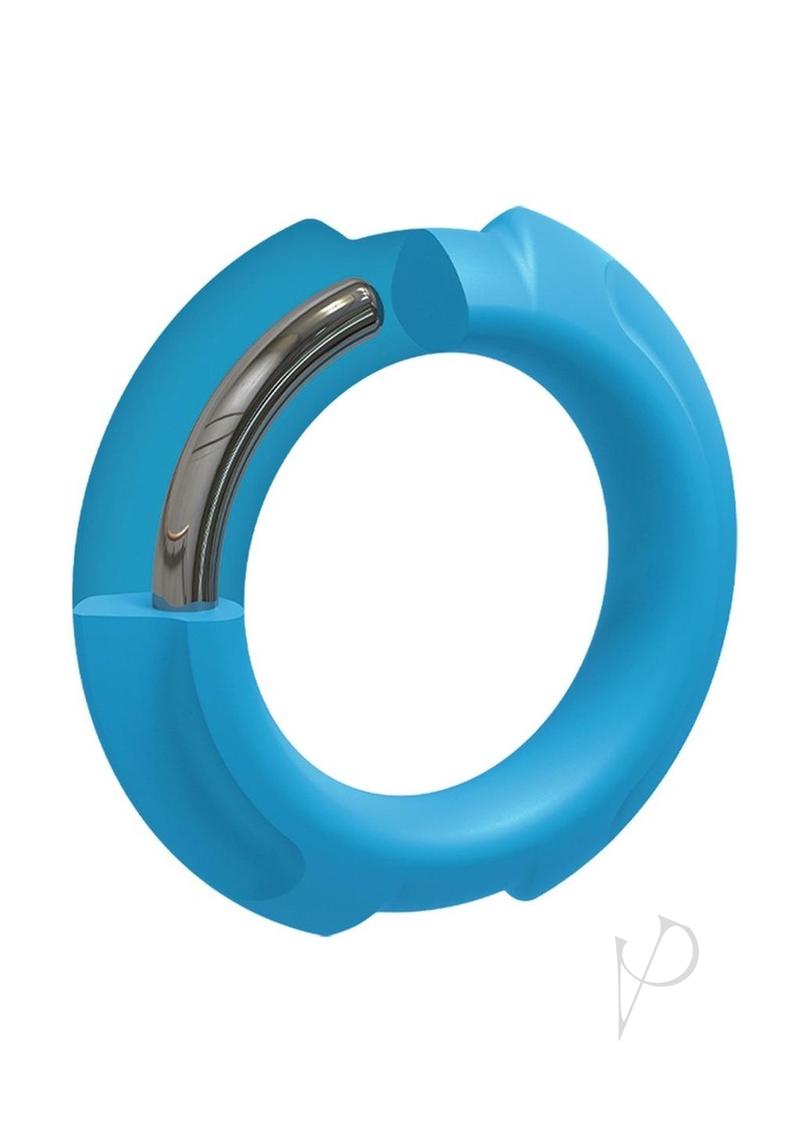 OptiMALE Flexisteel Silicone Metal Core Cock Ring 43mm Blue with a metal core and silicone outer layer.