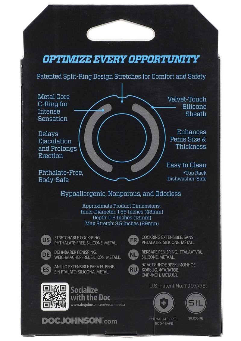 OptiMALE Flexisteel Silicone Metal Core Cock Ring 43mm Blue packaging with product details and features.