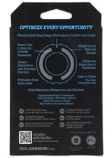 OptiMALE Flexisteel Silicone Metal Core Cock Ring 43mm Blue packaging with product details and features.