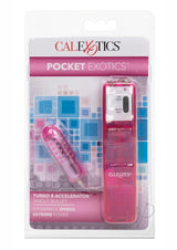 Pocket Exotics Turbo 8 Accelerator Single Bullet Pink in packaging with control pad and bullet.