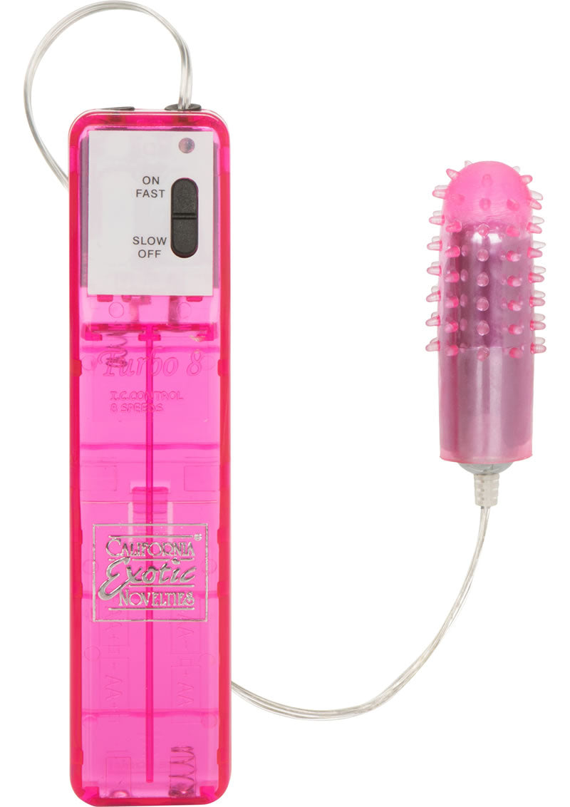 Pocket Exotics Turbo 8 Accelerator Single Bullet Pink with textured silicone sleeve and control pad.