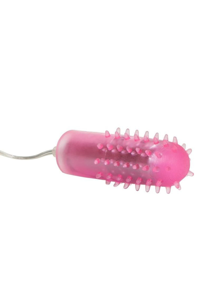 Pocket Exotics Turbo 8 Accelerator Single Bullet Pink with textured silicone sleeve and control wire.