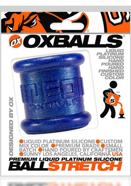 Oxballs Neo Tall Silicone Ball Stretcher Large Blue in premium liquid platinum silicone packaging.
